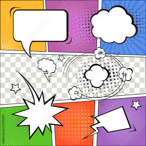 Comic speech bubbles and comic strip on colorful halftone