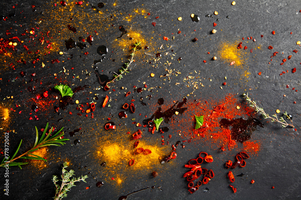 Rub and Marinade Powder and Sauce on Table Rub and Marinade Powder and Sauce on Table