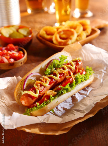 Traditional hot dog with a smoked frankfurter