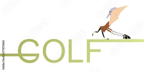 Comic golfer mows a golf lawn and leaves the word “Golf” behind
