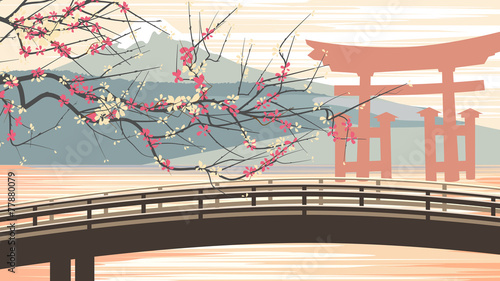 Vector illustration of cherry blossoms against background of mou