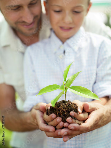 Father educate son to care a plant photo