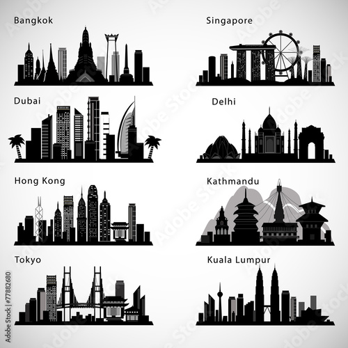 Asian Cities skyline set. Vector silhouettes