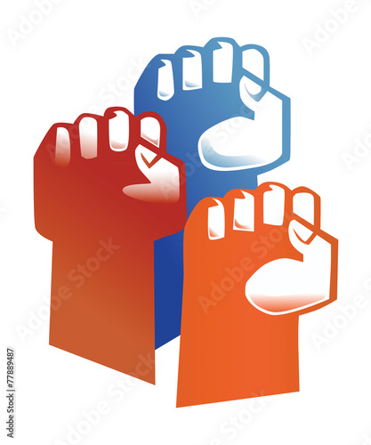 three hands up  symbol or logo of  revolution with red blue orange color