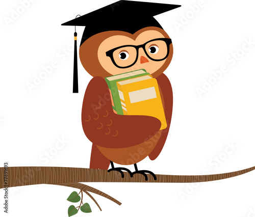 Academic owl holding a book sitting on a branch