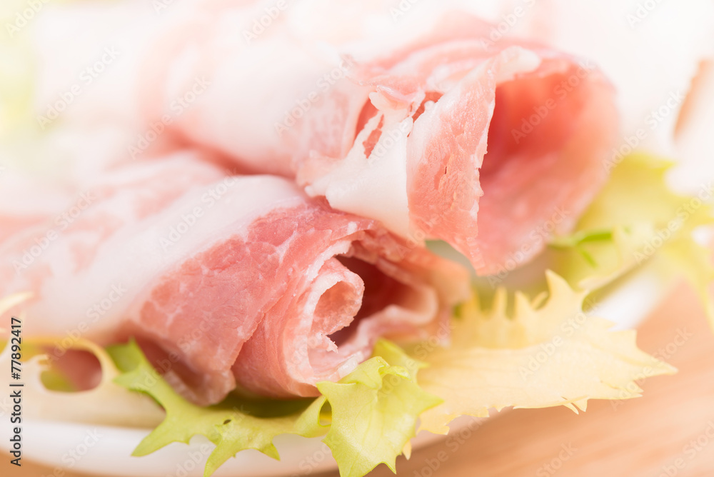 sliced bacon close up - selective focus sliced bacon close up - selective focus