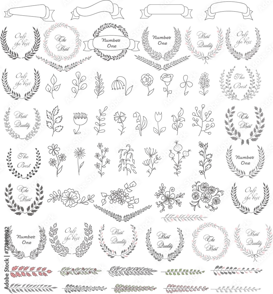 Fototapeta premium Набор свадебных графических SET- венок, цветы, лавр, ленты