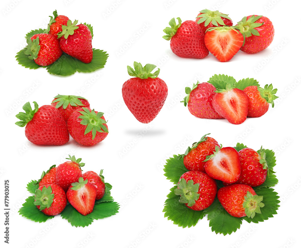 Set ripe strawberries with green leaves (isolated) Set ripe strawberries with green leaves (isolated)