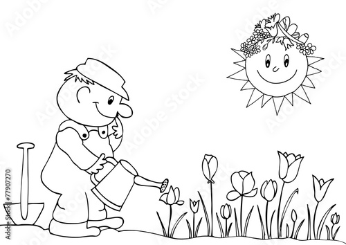 Gardener watering flowers in garden centre.