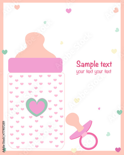 Baby girl bottle and soother baby announcement card vector