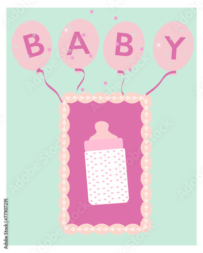 Baby girl bottle and balloon baby shower greeting card