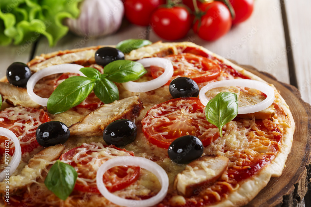 Pizza with chicken cheese and tomatoes Pizza with chicken cheese and tomatoes