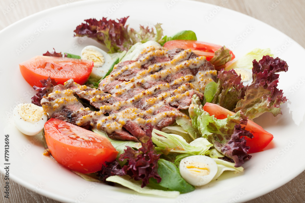 Fresh beef salad with lettuce, tomatoes, boiled eggs, mustard sa Fresh beef salad with lettuce, tomatoes, boiled eggs, mustard sa