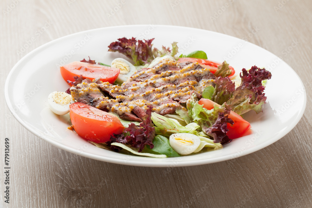 Fresh beef salad with lettuce, tomatoes, boiled eggs, mustard sa Fresh beef salad with lettuce, tomatoes, boiled eggs, mustard sa