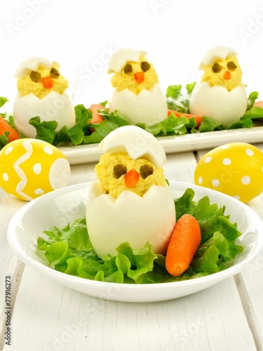 Fun Easter breakfast of hatching chicks made of boiled eggs