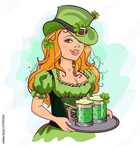 Patrick girl holding a tray of green beer