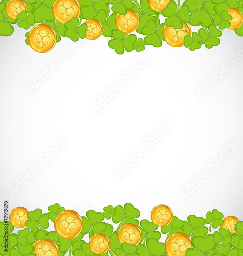 Greeting background with shamrocks and golden coins for St. Patr photo