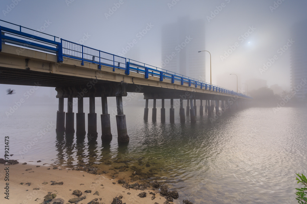 Foggy morning in the centre of big modern Australian city