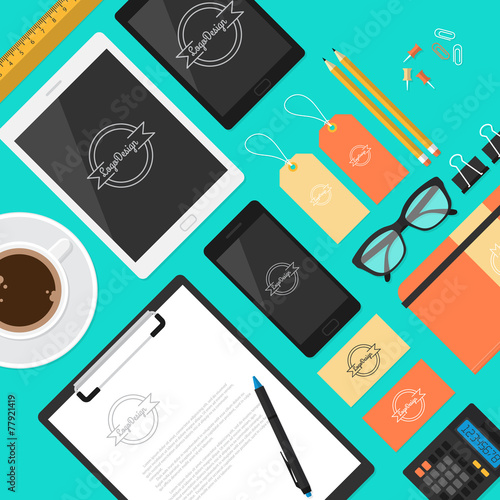 Flat mock up template for business workplace and branding design