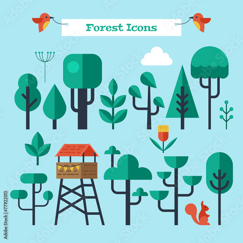 Forest trees flat modern icons set