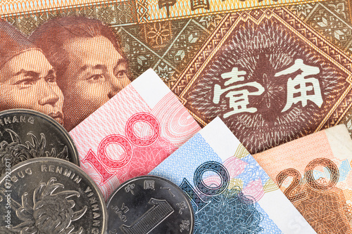 Chinese or Yuan banknotes money and coins from China's currency,