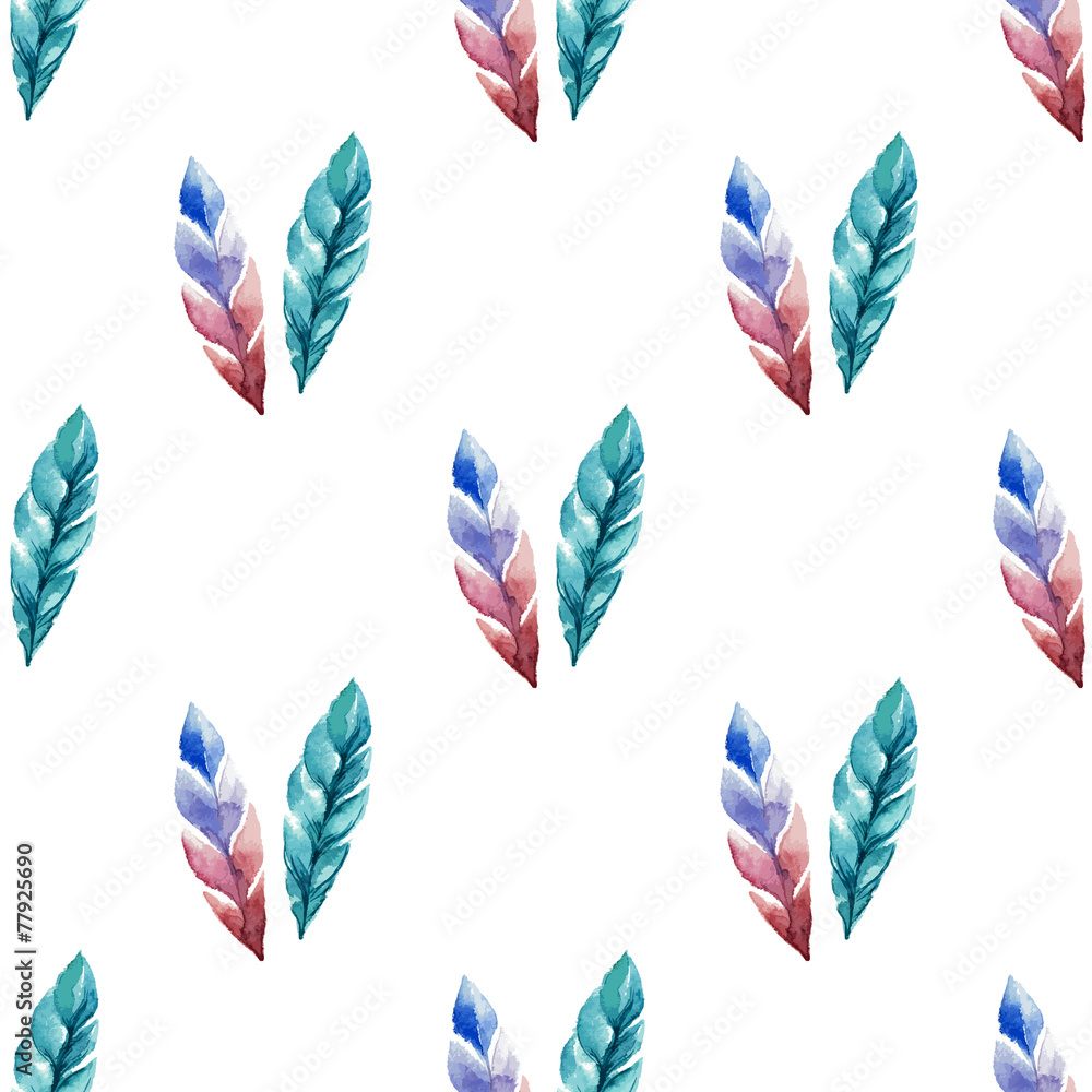 Seamless pattern with watercolor feathers.
