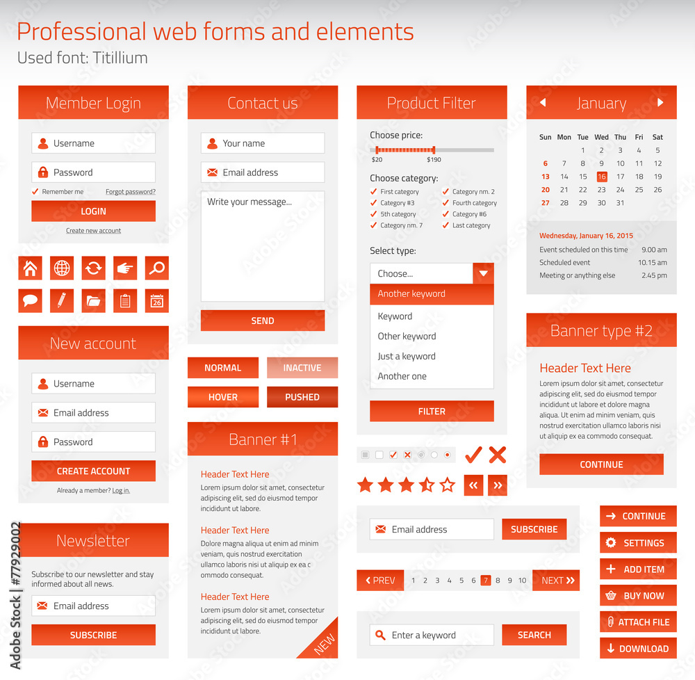 Professional set of orange web forms and elements Professional set of orange web forms and elements