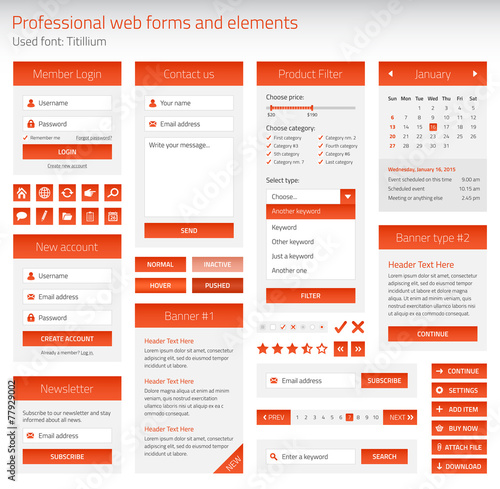 Professional set of orange web forms and elements