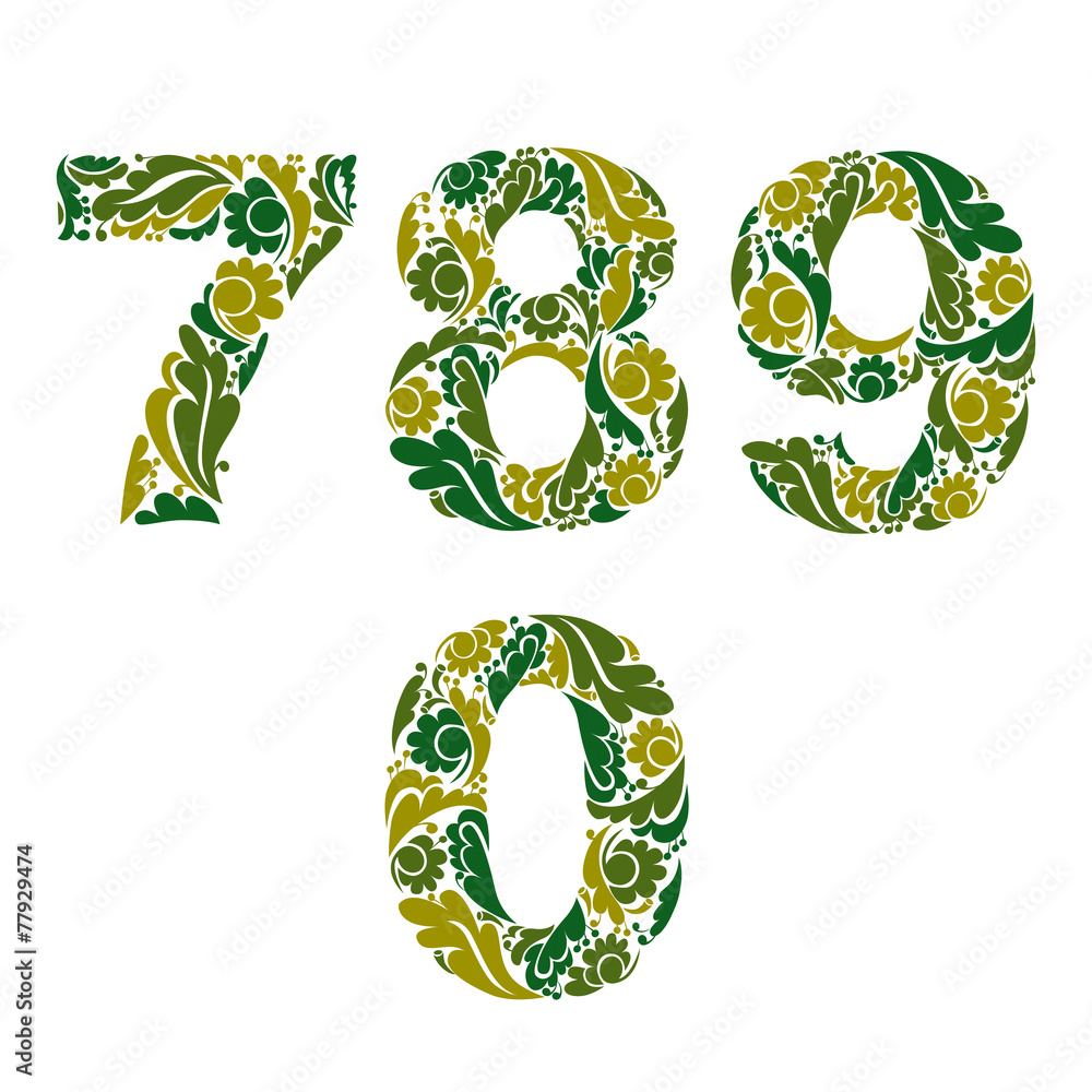 Spring style vector digits set, numbers with eco floral ornament Spring style vector digits set, numbers with eco floral ornament