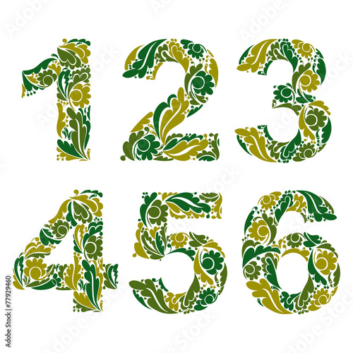 Vector numeration decorated with seasonal green leaves, 1, 2, 3,