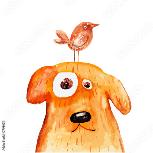 Red dog with bird on head. Watercolor. Vector