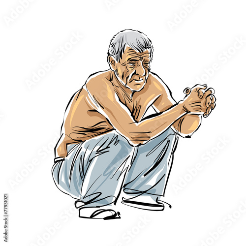 Hand drawn old man illustration on white background, grey-haired
