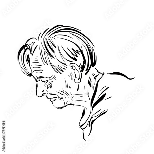 Hand drawn illustration of an old man on white background, black