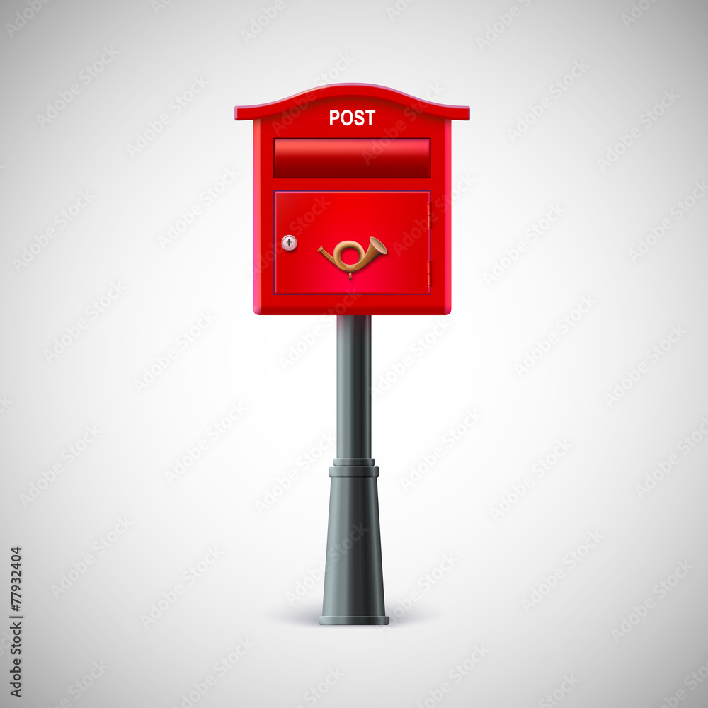 Red mailbox hanging on the wall, postal horn.