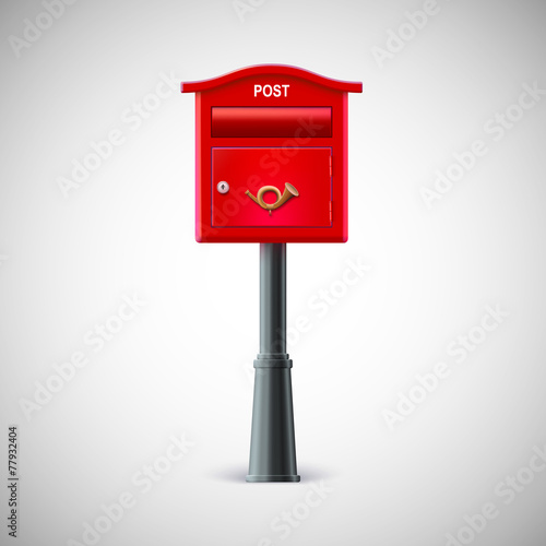 Red mailbox hanging on the wall, postal horn.