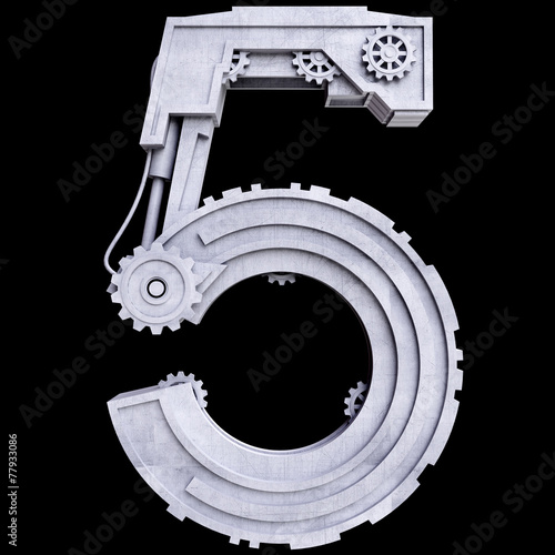 Mechanical number five of white scratched metal.