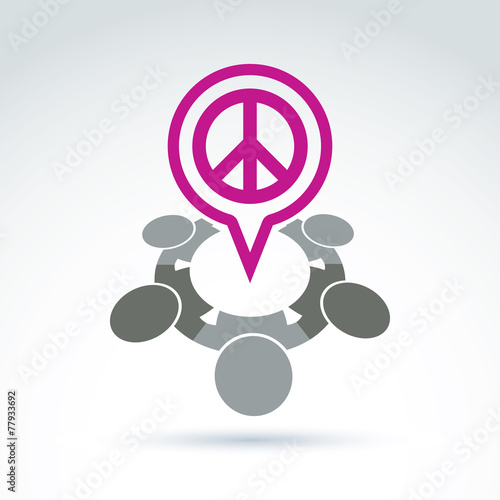 People chat on harmony idea.  Conceptual  antiwar sign from 60th