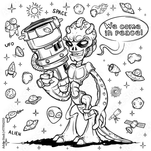 Spiteful alien space invader with arms. Hand drawn
