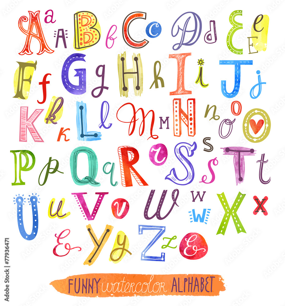 Funny watercolor vector alphabet