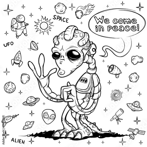 Alien space invader welcomes you. Hand drawn
