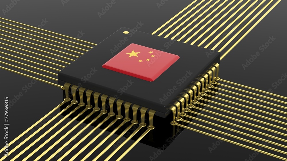 Fototapeta premium Computer CPU with Chinese flag isolated on black background