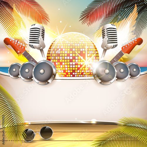 Summer music background with disco ball, speakers, guitar