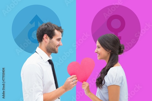 Composite image of pretty brunette giving boyfriend her heart