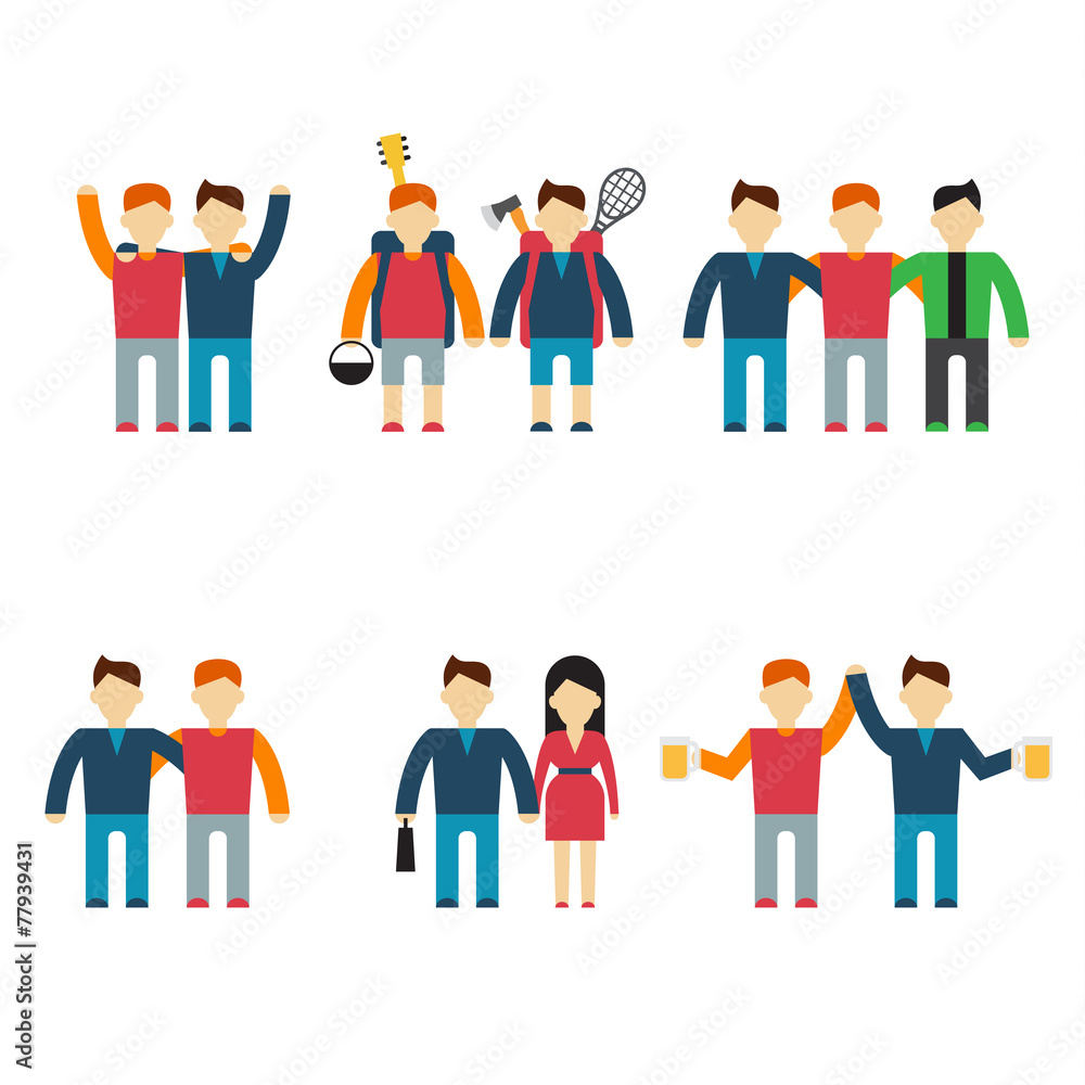 Friends and friendly relationship flat line icons set with Friends and friendly relationship flat line icons set with