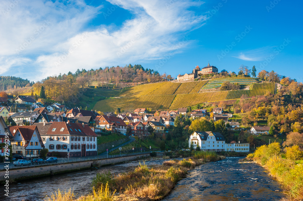 Fluss Murg mit Schloss Eberstein und Ortsbild, Gernsbach Obertsr
