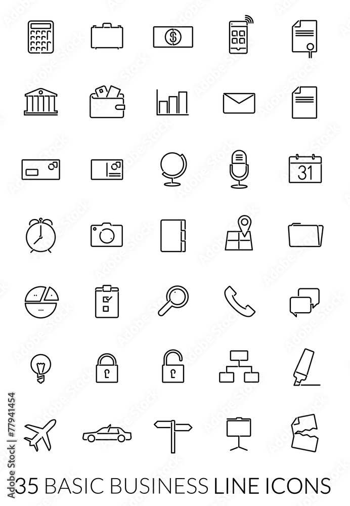 basic business line icon set, black on white basic business line icon set, black on white