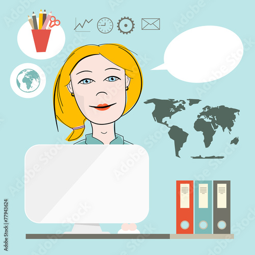 Secretary Flat Design Vector Illustration on Blue Background