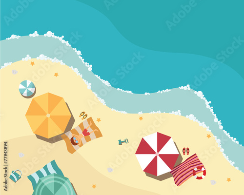 Summer beach in flat design, aerial view, sea side and umbrellas © Graphicroyalty