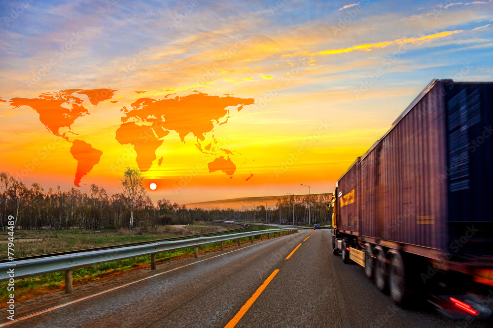 Truck on road and World map background - shipping travel concept