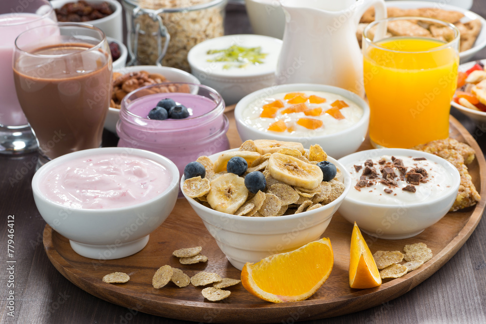 rich breakfast buffet with cereals, yoghurt and fruit rich breakfast buffet with cereals, yoghurt and fruit